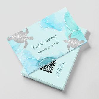 Silver Turtle Blue Ink Coastal QR Code
