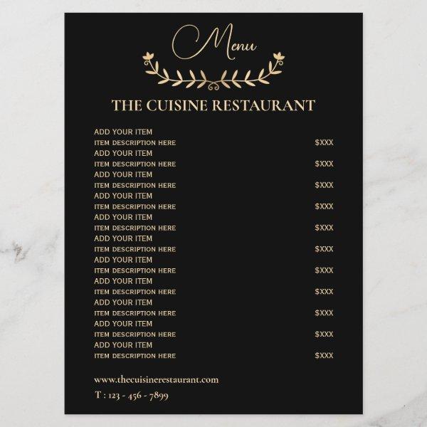 Simple Black And Gold Small Restaurant  Menu