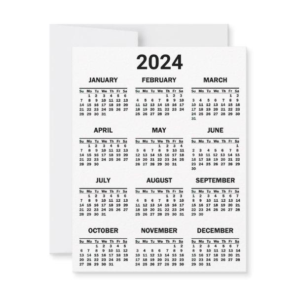 Simple Black & White 2024 Year At Glance Calendar Card