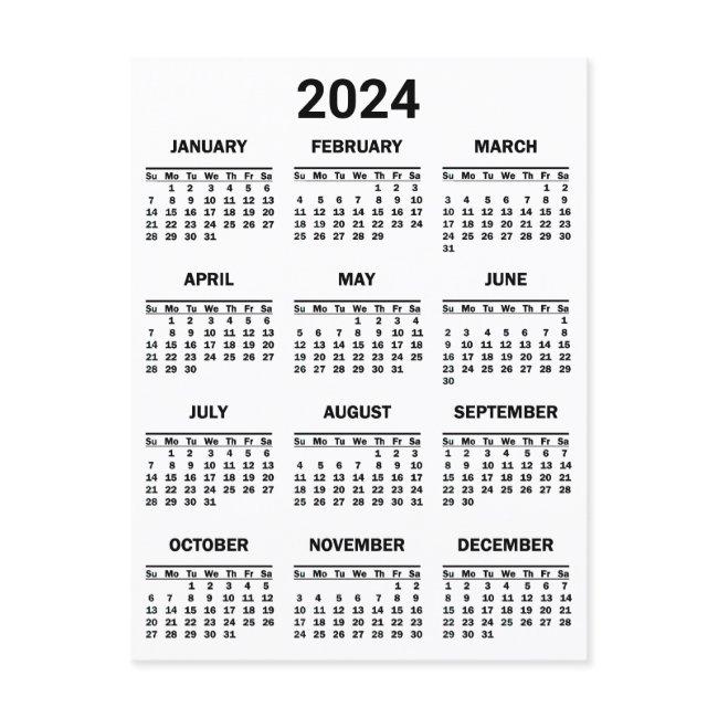 Simple Black & White 2024 Year At Glance Calendar Postcard