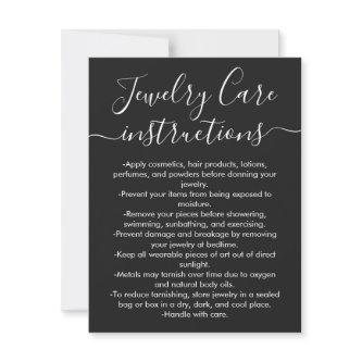 Simple Black White Script Jewelry Care Card