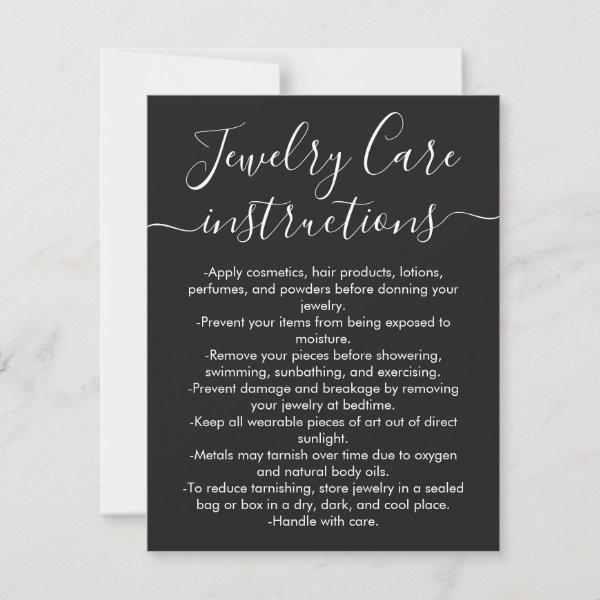 Simple Black White Script Jewelry Care Card