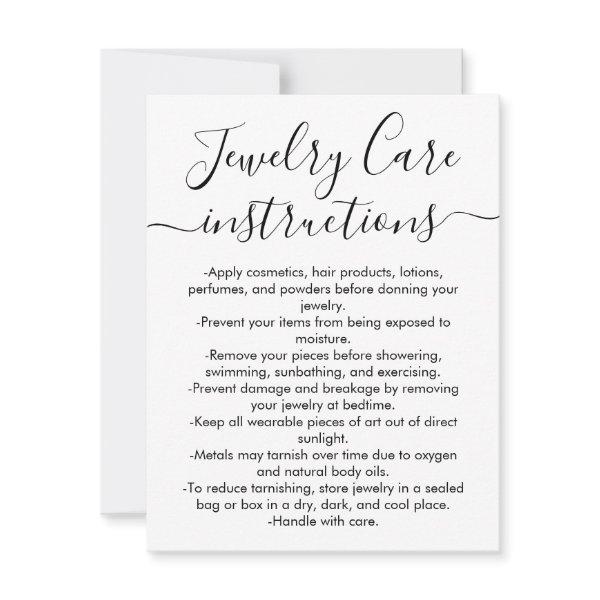 Simple Black White Script Jewelry Care Card