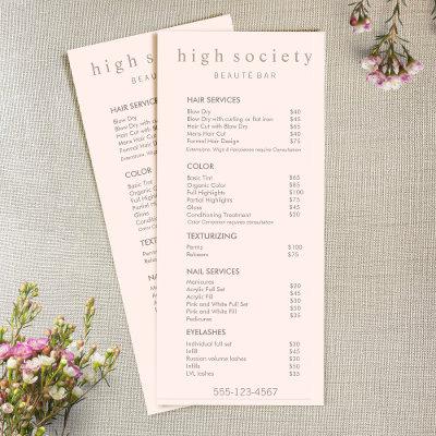 Simple Blush Pink Salon Price List  Service Menu