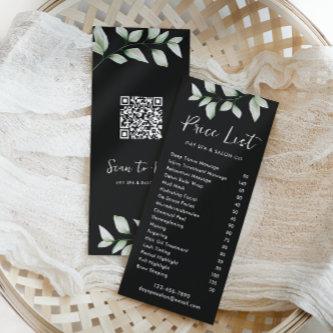 Simple Botanical Price List with QR Code Black Rack Card