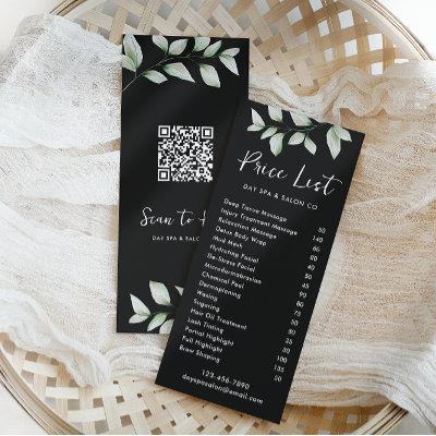 Simple Botanical Price List with QR Code Black Rack Card