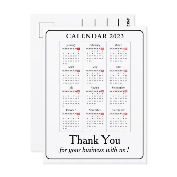 Simple Calendar 2023 Custom Business Thank You Postcard