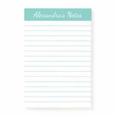 Simple Elegant Aqua Lined Personalized Post-it Notes