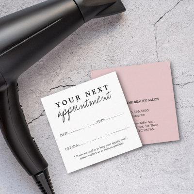 Simple Elegant Blush Pink White Beauty Salon Appointment Card