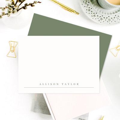 Simple Elegant Dark Sage Green Custom Name Note Card
