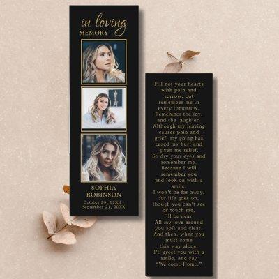 Simple Funeral 3 Photo Gold Black Prayer Card