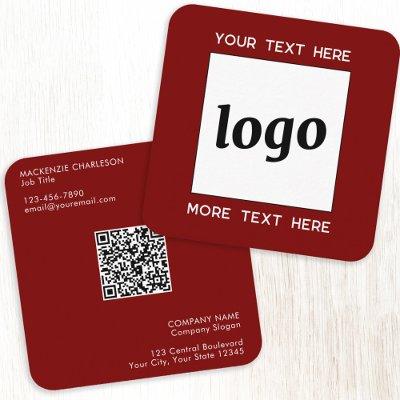 Simple Logo and Text QR Code Dark Burgundy Red Square