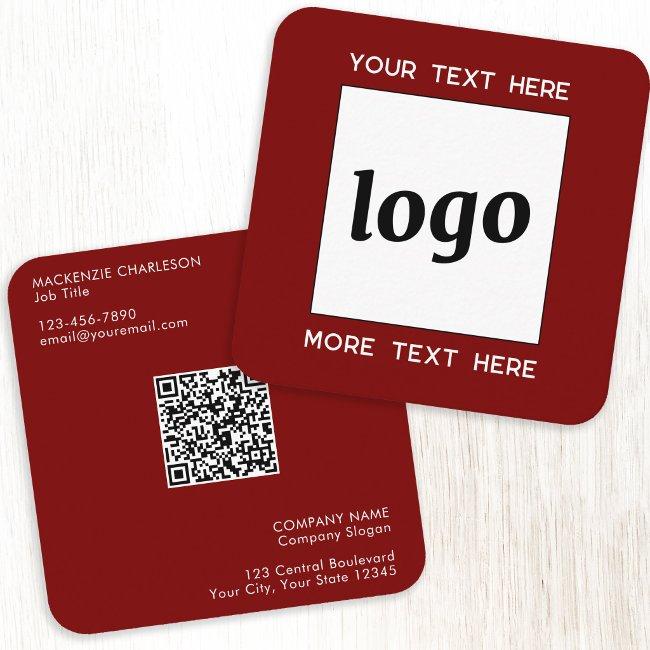 Simple Logo and Text QR Code Dark Burgundy Red Square