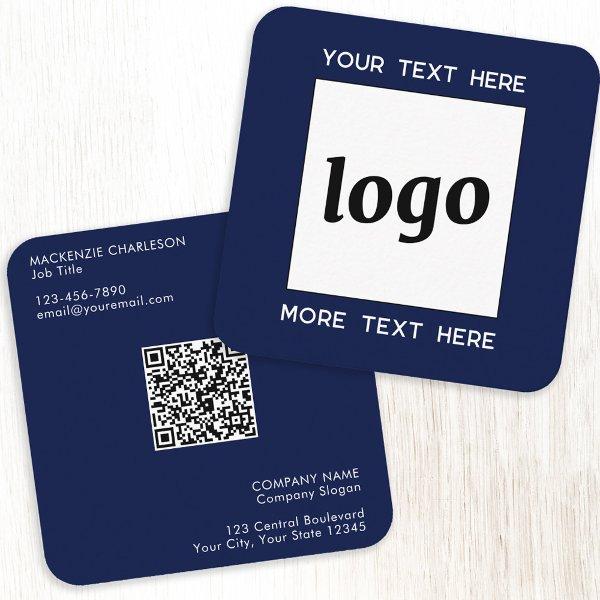 Simple Logo and Text QR Code Navy Blue Square