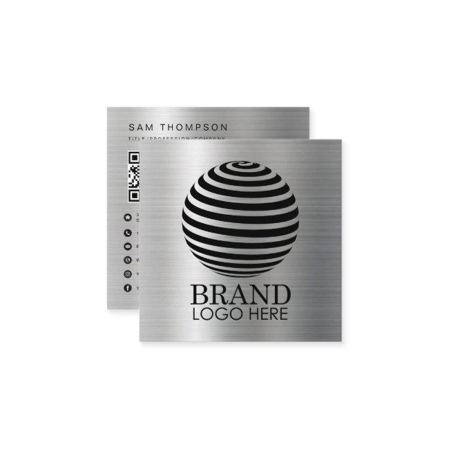 Simple Logo QR Code Modern Metallic Silver Square