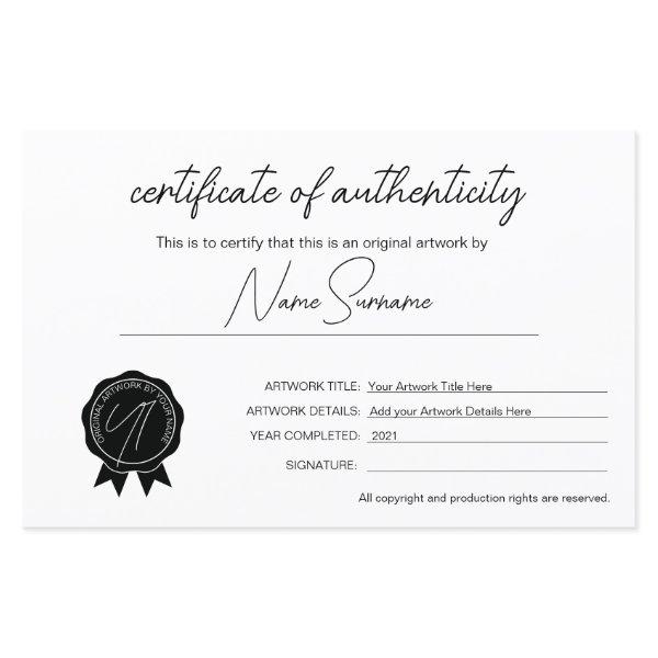Simple Minimalist Certificate of Authenticity