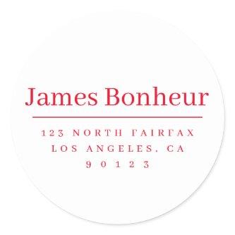 Simple Modern Name & Return Address | White & Red Classic Round Sticker