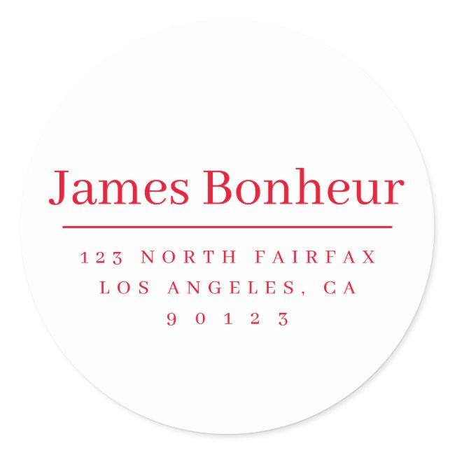 Simple Modern Name & Return Address | White & Red Classic Round Sticker