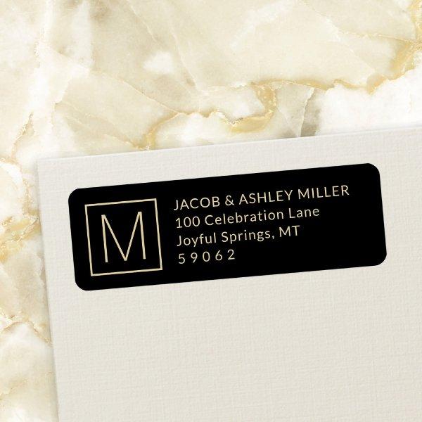 Simple Monogram Modern Black & Gold Return Address Label