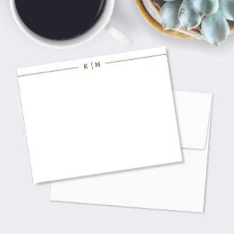 Simple Monogram with Forest Green Lines Custom Note Card