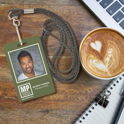 Simple Olive Green Square Monogram Logo Photo Badg Badge