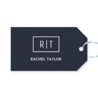 Simple Professional Monogram Navy White Border Gift Tags