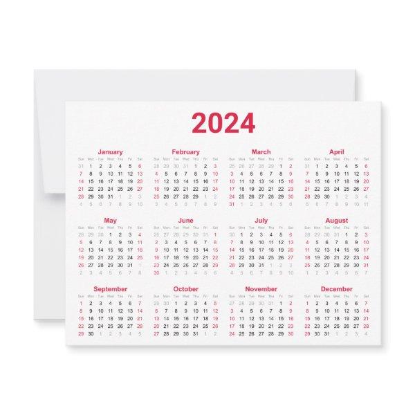 Simple Red & White 2024 Year At Glance Calendar Card