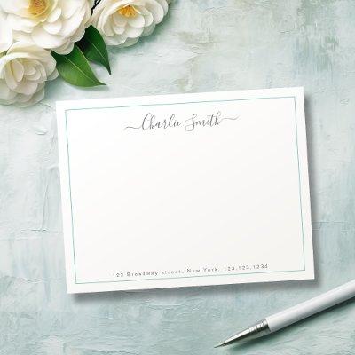Simple script turquoise border personalized note card