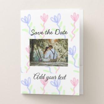 Simple watercolor Pink blue flower save the date   Pocket Folder