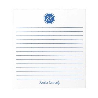 Simply Elegant Blue Lined Monogram Name Notepad