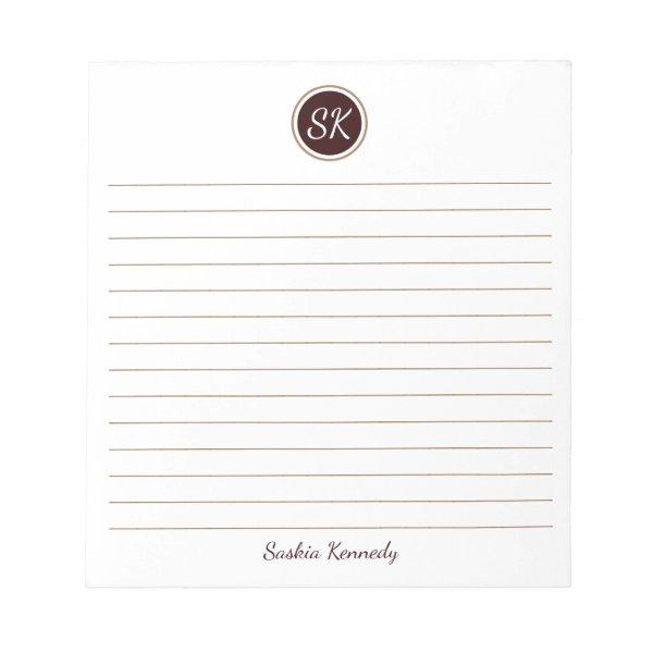 Simply Elegant Chocolate Brown Lined Monogram Name Notepad