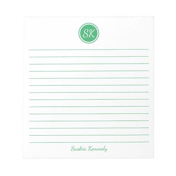 Simply Elegant Green Lined Monogram Personalized Notepad