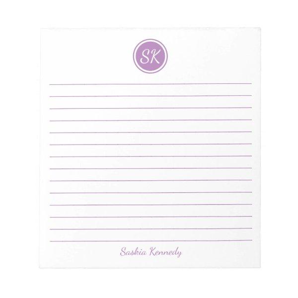 Simply Elegant Lavender Lined Monogram Name Notepad