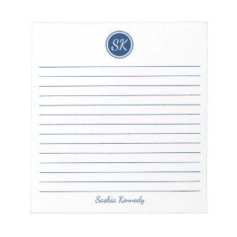 Simply Elegant Navy Lined Monogram Personalized Notepad