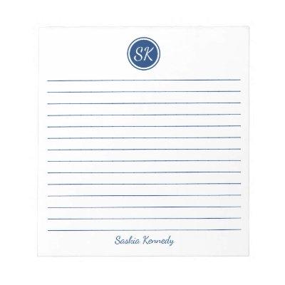 Simply Elegant Navy Lined Monogram Personalized Notepad