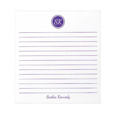 Simply Elegant Purple Lined Monogram Name Notepad