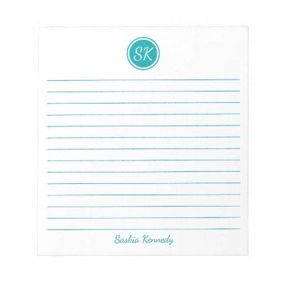 Simply Elegant Teal Lined Monogram Name Notepad