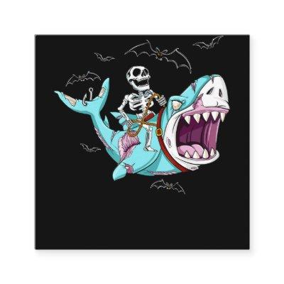 Skeleton Riding Zombie Shark Funny Halloween Gift Square