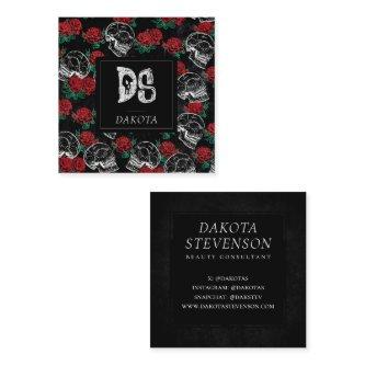 Skulls and Red Roses | Modern Gothic Glam Monogram Square