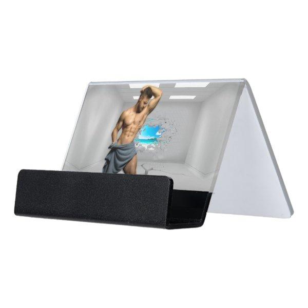 SlipperyJoe's Man towel broken white brick wall ba Desk  Holder