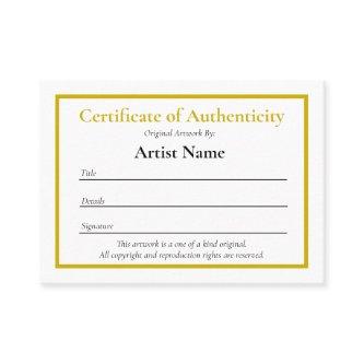 Small Certificate of Authenticity Template for Art