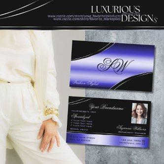 Smart Black Blue Curved Lines Monogram and Photo