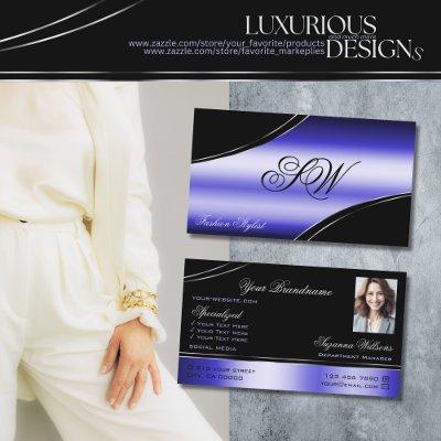 Smart Black Blue Curved Lines Monogram and Photo