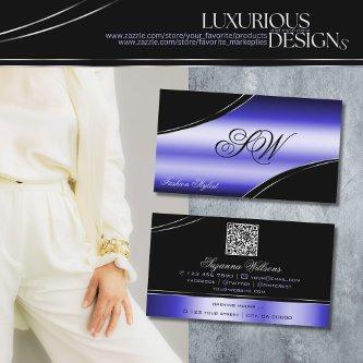 Smart Black Blue Curved Lines Monogram and QR Code