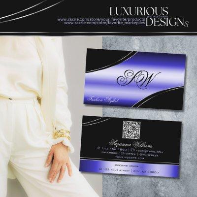 Smart Black Blue Curved Lines Monogram and QR Code