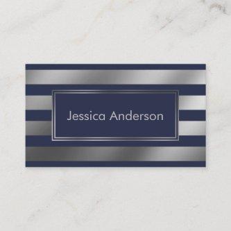 Smooth Faux Silver Foil Metallic and Navy Stripes