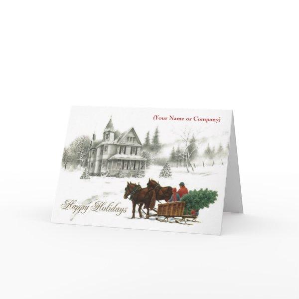 Snow Horses Corporate Imprinted Business Christmas Holiday Card