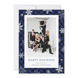 Snowflake Plaid Blue Photo Corporate Business Holiday Card