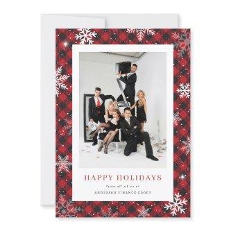 Snowflake Red Buffalo Plaid Photo Business Holiday Card