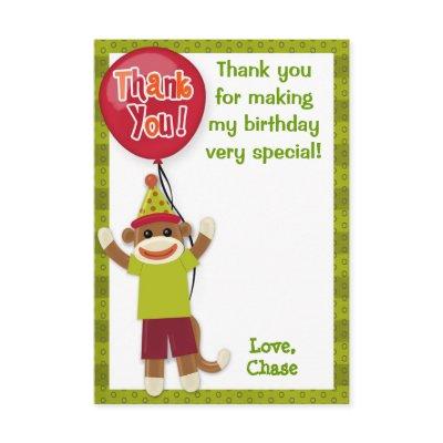 Sock Monkey Birthday Party Thank You card 3.5"x5